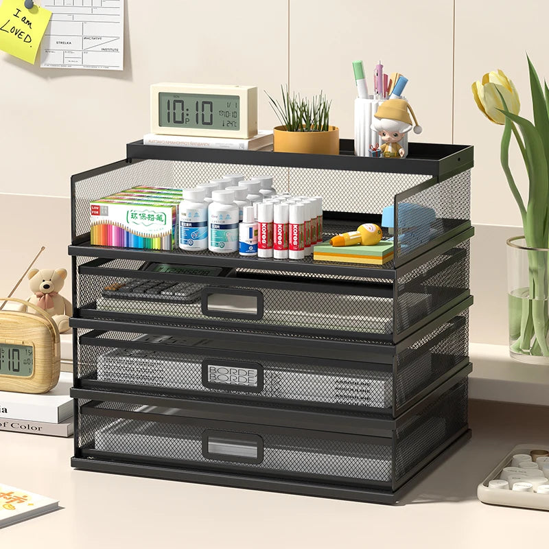 4-Tier Stackable Letter Tray Office Desk Paper Organizer File Trays, Desktop Holder for Paper Letter Accessories with Pen Holder